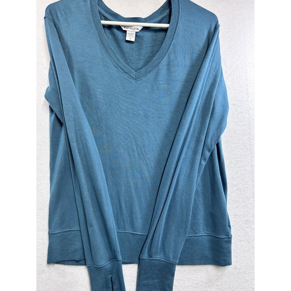 Athleta Blue V-Neck Terry Pullover Sweatshirt Ribbed Cuffs Long Sleeve Size XS